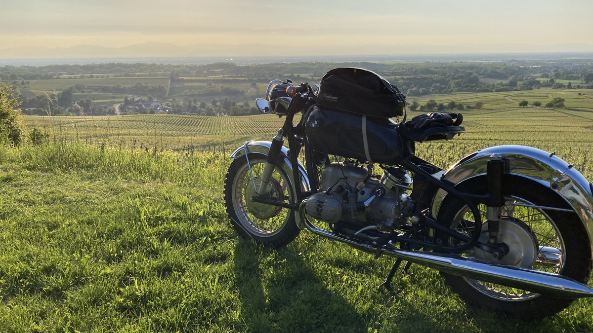 BMW R50/2 im Markgräfler Weinberg bei Sonnenuntergang